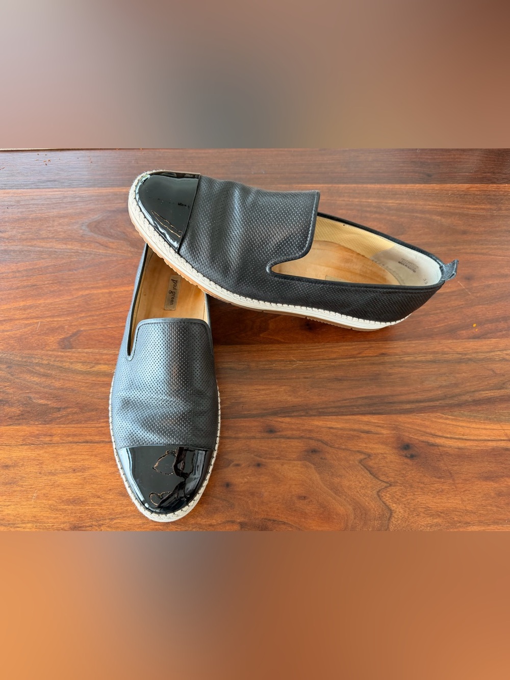 Paul Green Black Perforated Leather Slip-On Espadrille w/ Patent Cap Toe. Sz 7